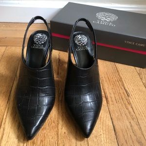 Vince Camuto black croc sling back heels